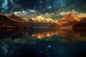 Golden fantasy starry sky at night, towering mountains, clear sparkling lake surface. AI generative photo