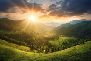 The sun rises over a hillside with grassy fields and an area with a hill. AI generative photo