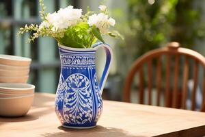 inspired pitcher vase made of hand painted ceramic, adorned with vibrant blue and white patterns. AI generative photo