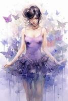 A beautiful young lady in violet tutu covered by water and butterfly. photo