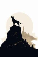 A wolf silhouette howling over a hill with a white background. photo