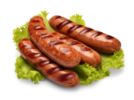 Grilled pork sausages with lettuce isolated on transparent background, png