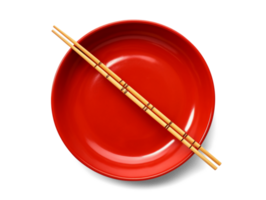 Red plate with chinese sticks isolated on transparent background, top view, png