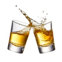 Glasses shot of tequila making toast with splash isolated on trasparent background, png