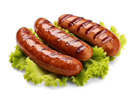 Grilled pork sausages with lettuce isolated on transparent background, png