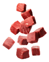 Falling meat beef cubes isolated on transparent background, png
