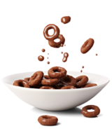 Chocolate rings falling into a bowl isolated on transparent background, png