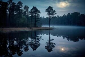 Photo of lake with moon reflection. AI generative