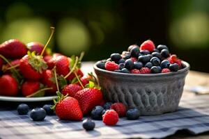 Fresh berries, wooden table at barbecue party outdoors. AI generative photo