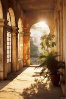 a colonial architecture, basked in the morning light, with ornate wooden window frames and built of old stones, AI generative photo