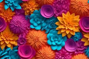 Beautiful 3D colorful flowers, fuchsia teal orange flowers color. photo