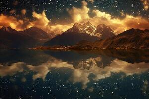 Golden fantasy starry sky at night, towering mountains, clear sparkling lake surface. photo