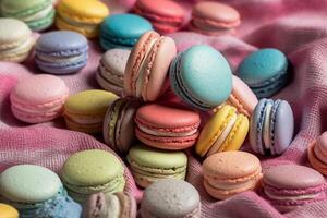A collection of colorful macaroon on table, gift, pattern. photo