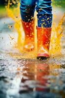 Zoom in on a pair of brightly colored rain boots splashing through puddles. AI generative photo