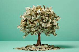 dinero árbol con dolares en lugar de hojas en un verde claro vacío antecedentes. ai generativo foto