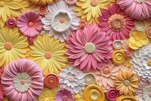 3D yellow and pink flowers layered forms, paper quilting pattern, vibrant colors. photo
