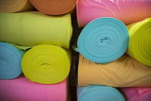 Artistic variety of shade tone colors Textile Fabrics rolls stacked pattern texture photo