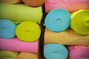 Artistic variety of shade tone colors Textile Fabrics rolls stacked pattern texture photo