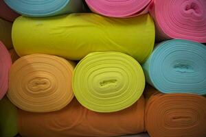 artístico variedad de sombra tono colores textil telas rollos apilado modelo textura foto
