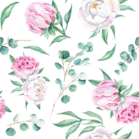Seamless watercolor pattern with white and pink peonies, eucalyptus branches. Can be used for wedding prints, gift wrapping paper, kitchen textile and fabric prints. png