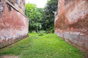 Old brick wall with green grass at panam nagar, Sonargaon- Narayanganj, Bangladesh photo