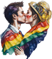 a couple kissing in front of a pride flag. png