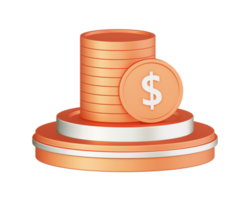 3d illustration icon design of metallic orange money and coin with circular or round podium png