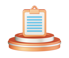 3d illustration icon design of metallic orange clipboard list and form with circular or round podium png