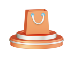 3d illustration icon design of metallic orange shopping bag with circular or round podium png