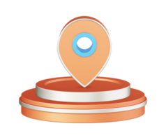 3d illustration icon design of metallic orange map pointer location with circular or round podium png