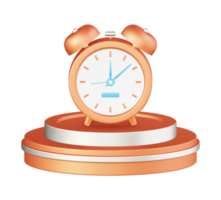 3d illustration icon design of metallic orange alarm clock time with circular or round podium png