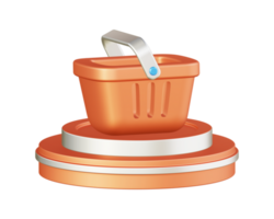 3d ilustración icono diseño de metálico naranja compras cesta con circular o redondo podio png