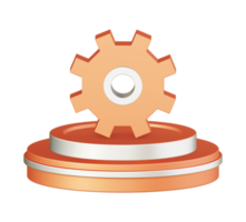3d illustration icon design of metallic orange configuration setting gear with circular or round podium png