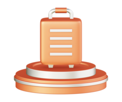 3d illustration icon design of metallic orange suitcase luggage with circular or round podium png