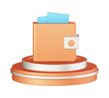 3d illustration ikon design av metallisk orange pengar plånbok med cirkulär eller runda podium png