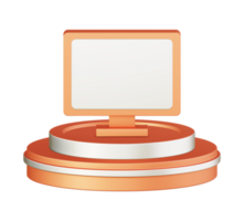 3d illustration icon design of metallic orange computer monitor with circular or round podium png