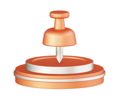 3d illustration icon design of metallic orange push pin with circular or round podium png