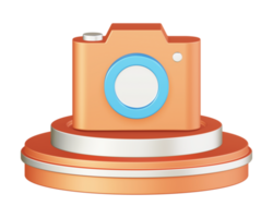 3d illustration icon design of metallic orange camera with circular or round podium png