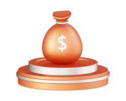 3d illustration icon design of metallic orange money bag with circular or round podium png