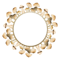 brun beige små ätlig svamp runda ram med guld gräns vattenfärg illustration för falla skog mönster, skog tema kort och recept png