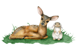 Baby deer and bunny rabbit on green grass watercolor illustration of cute forest woodland animals for stickers and nursery kids designs png