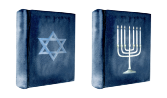 Torah books set with menorah and silver star of David symbol on the cover watercolor illustration for Shabbat, Synagogue and Jewish holidays design png