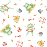 Cute frogs in a swimming circle, sand castles, balls, a sand shovel and shells. Watercolor seamless pattern. For baby shower, textiles, nursery decor, packaging, wrapping paper and scrapbooking png