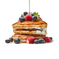 Fresh pancakes stack with berries and syrup on transparent background png