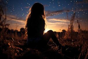 Silhoutte of girl looking into space on a field. AI generative photo