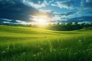 The sun rises over a hillside with grassy fields and an area with a hill. AI generative photo