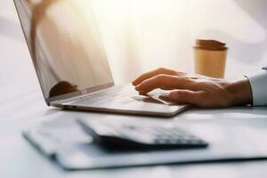 Audit concept,Administrator business man financial inspector and secretary making report calculating balance. Internal Revenue Service checking document. photo