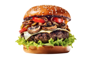 Tasty mushroom swiss burger on transparent background png