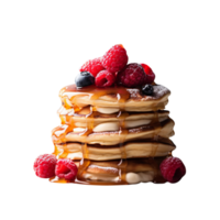 Fresh pancakes stack with berries and syrup on transparent background png