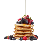 Fresh pancakes stack with berries and syrup on transparent background png